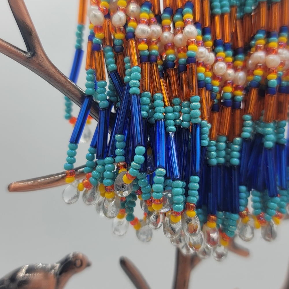 Artisan Beaded Crescent Fringe Brooch Glass Bead Statement Orange Blue Turquoise - Picture 3 of 13